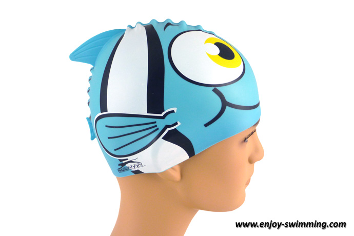 A shark fin swim cap seen from the side