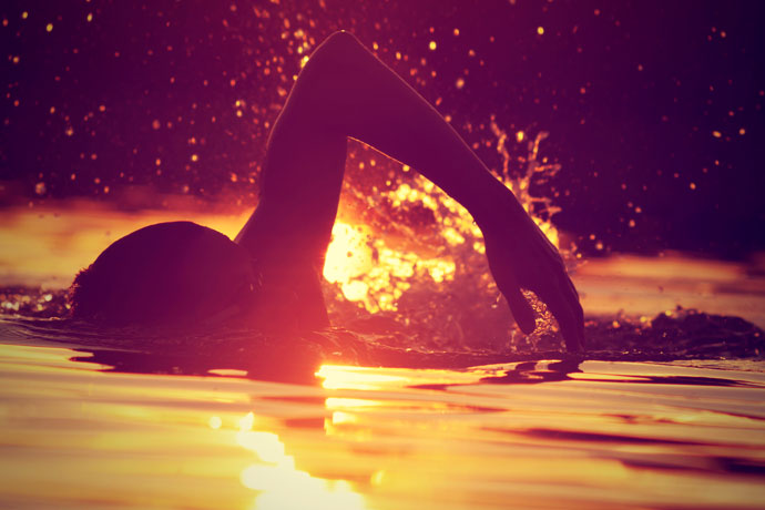 A freestyle stroke swimmer in a lake in the morning.