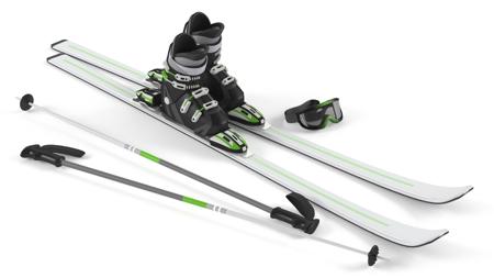 Skis with boots, poles and goggles