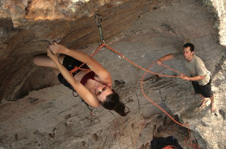 Rock climber and belayer