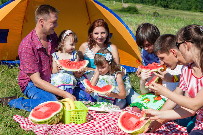 Outdoor Group Portrait Of Happy Company Having Picnic Near The Tent In Park And Enjoying Watermelon